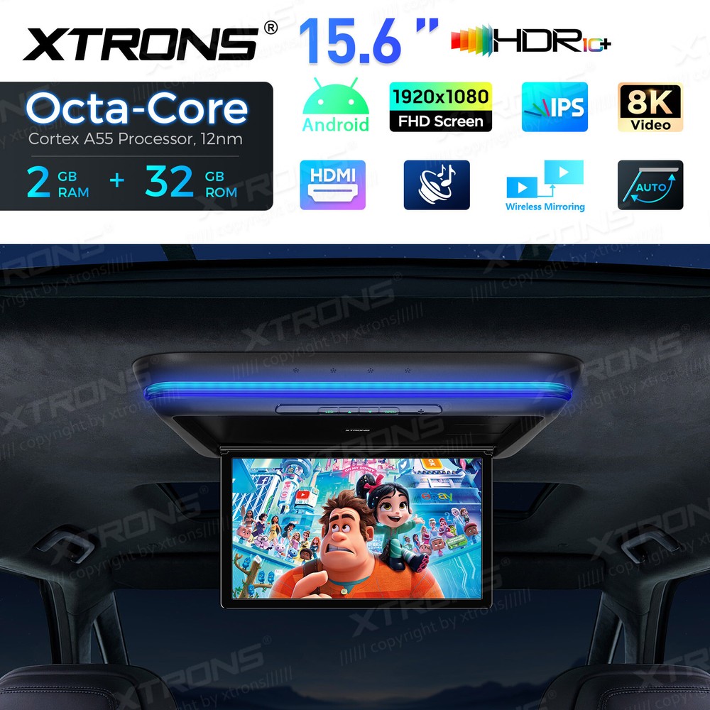 Android 15.6" Screen Car TV Overhead Player Octa Core Auto Flip Down HDMI WiFi