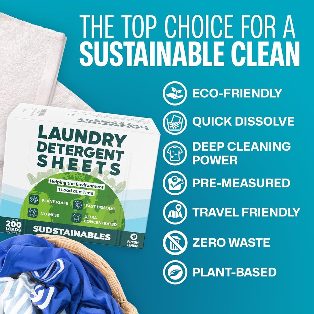 Eco Friendly Laundry Detergent Sheets (100 sheets 200 loads) - Sudstainables
