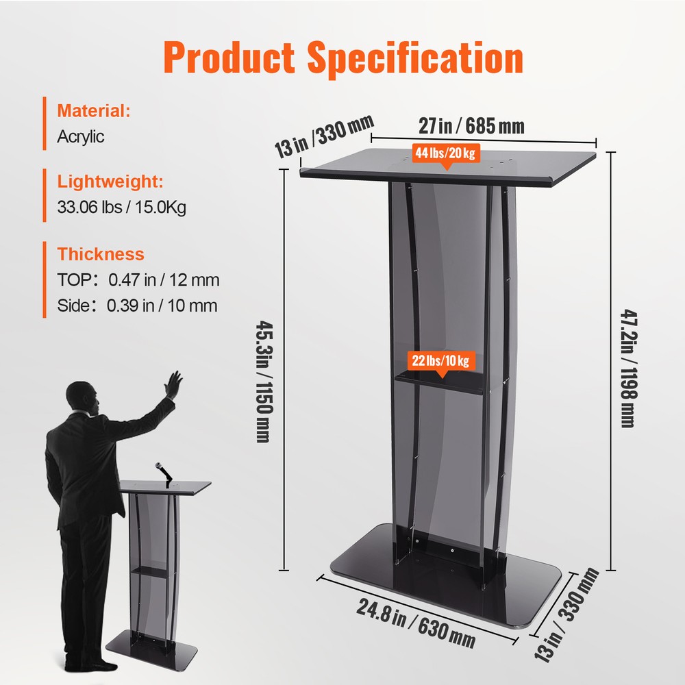 VEVOR Acrylic Podium Stand 47" Reading Surface Storage Shelf Black