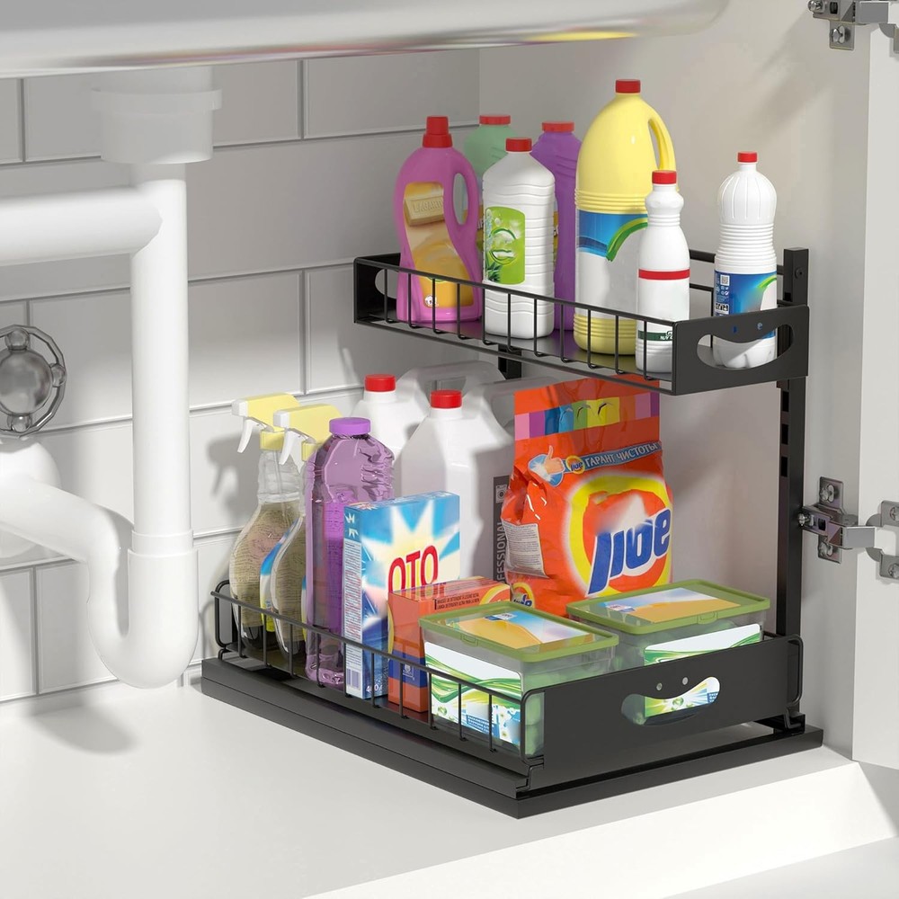 Under Sink Organizer Adjustable Height Pull-Out Kitchen Storage