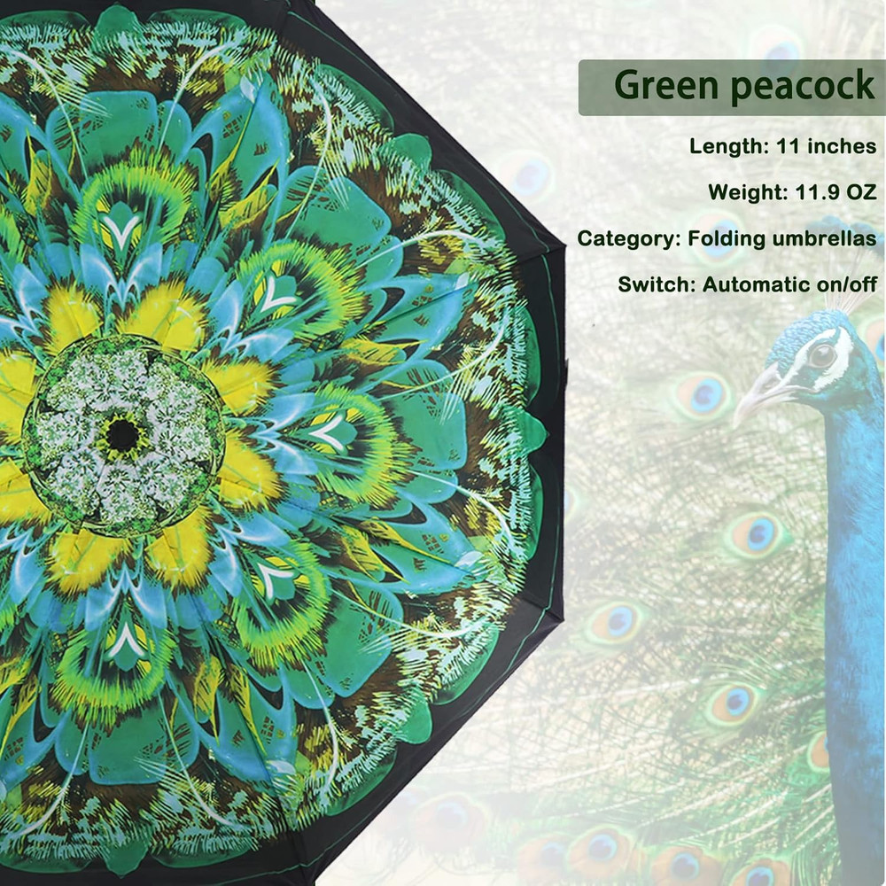 Windproof Compact Travel Umbrella – Automatic Folding (Green Peacock)