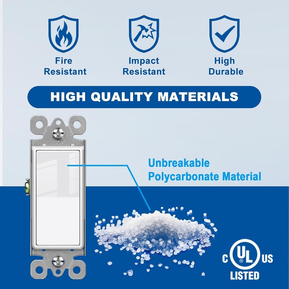 CML Single Pole Decorator Light Switch, 20 Pack Rocker Paddle Wall Switch, 15A 1