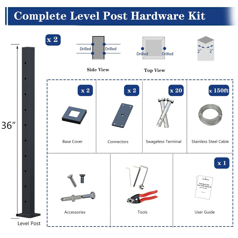 5-10FT Deck Cable Railing Kit, 2 Pack 36" Level Post with 150FT Cable, Swageless