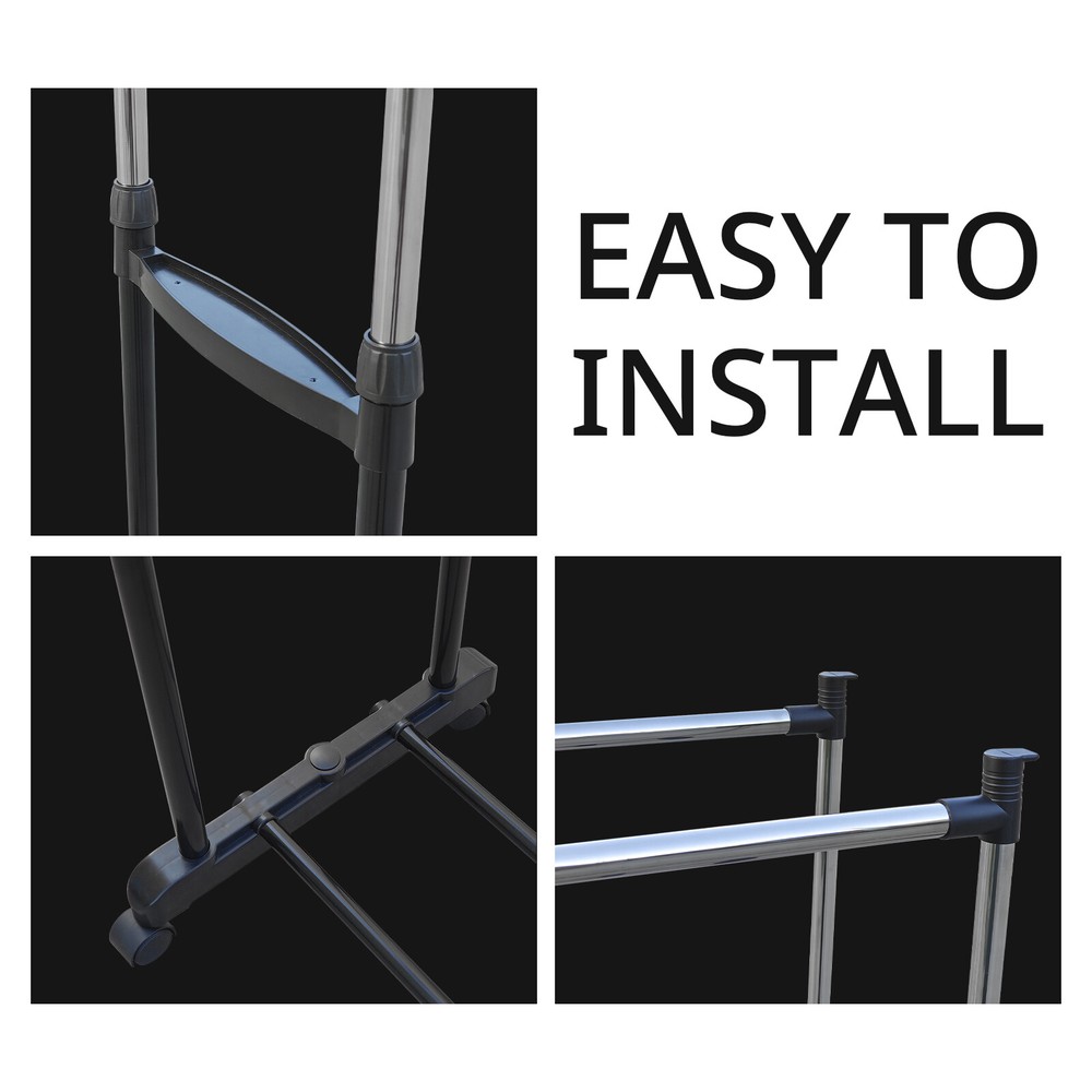 Double Bar Rolling Garment Rack on Lockable Wheels for Clothing Hanging