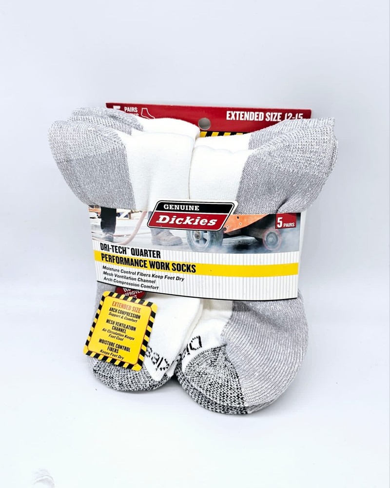 Dickies Men Dri-tech Quarter Performance Work Socks White 5-Pr Extended Sz 12-15