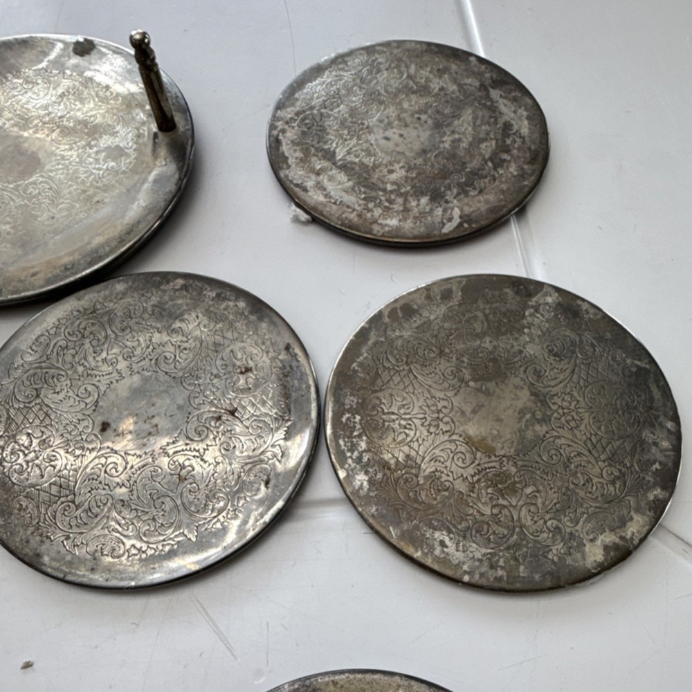 Antique Silverplate Coaster Set with Holder Ornate Design Post-1940