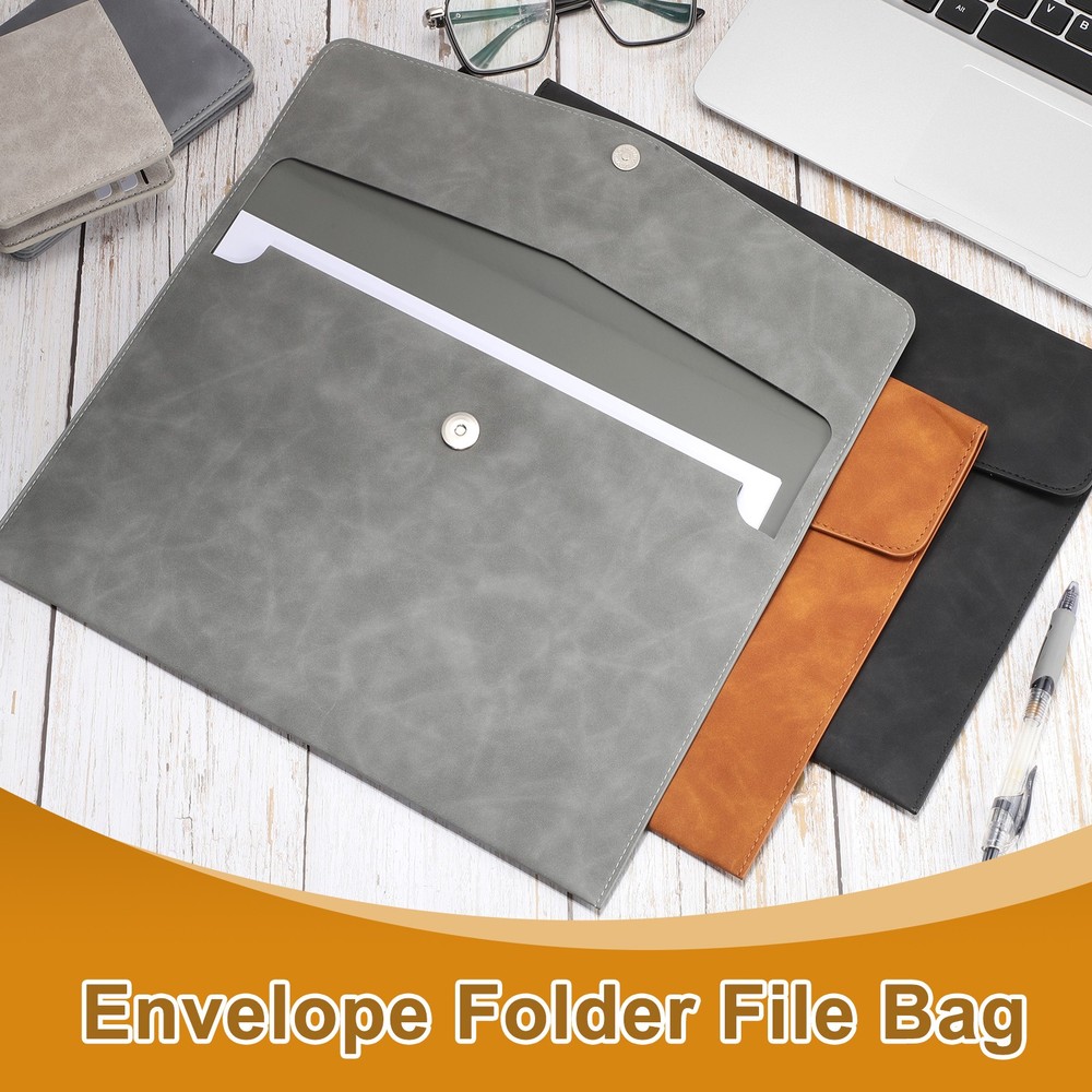 PU Leather File Folders, Folder File Document with Button Closure(Light Grey)