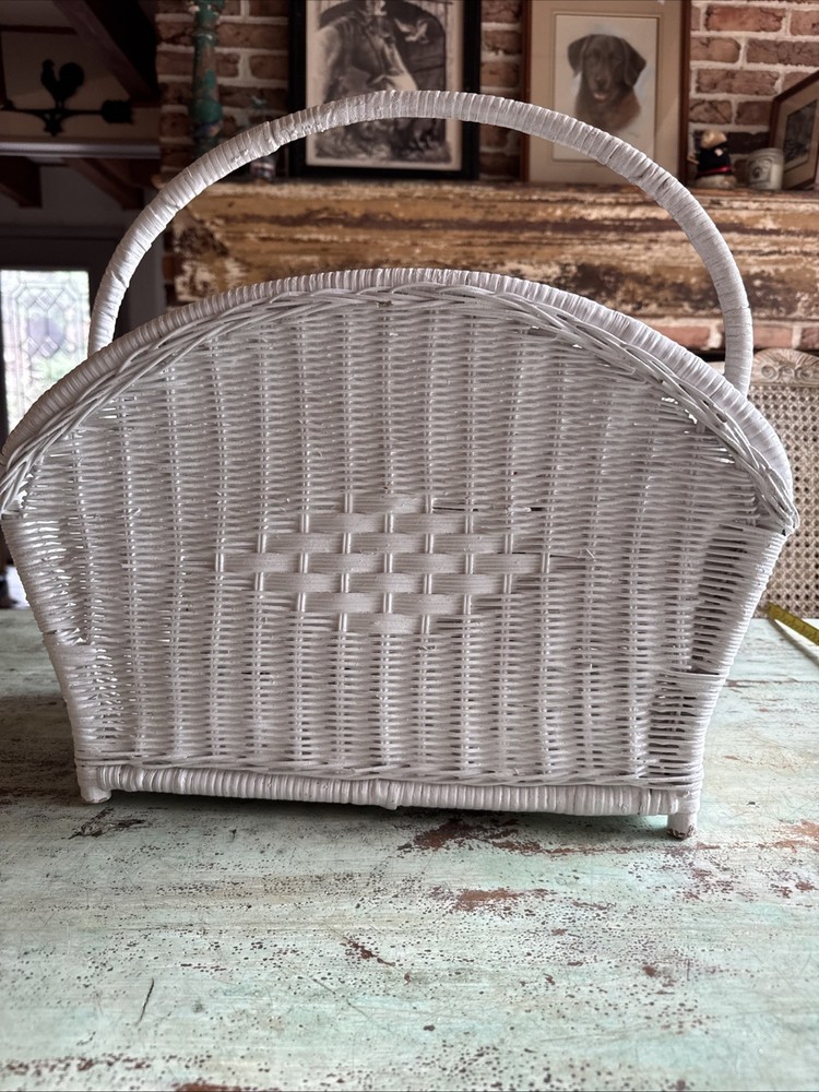 Vintage White Wicker Magazine Rack Storage Stand