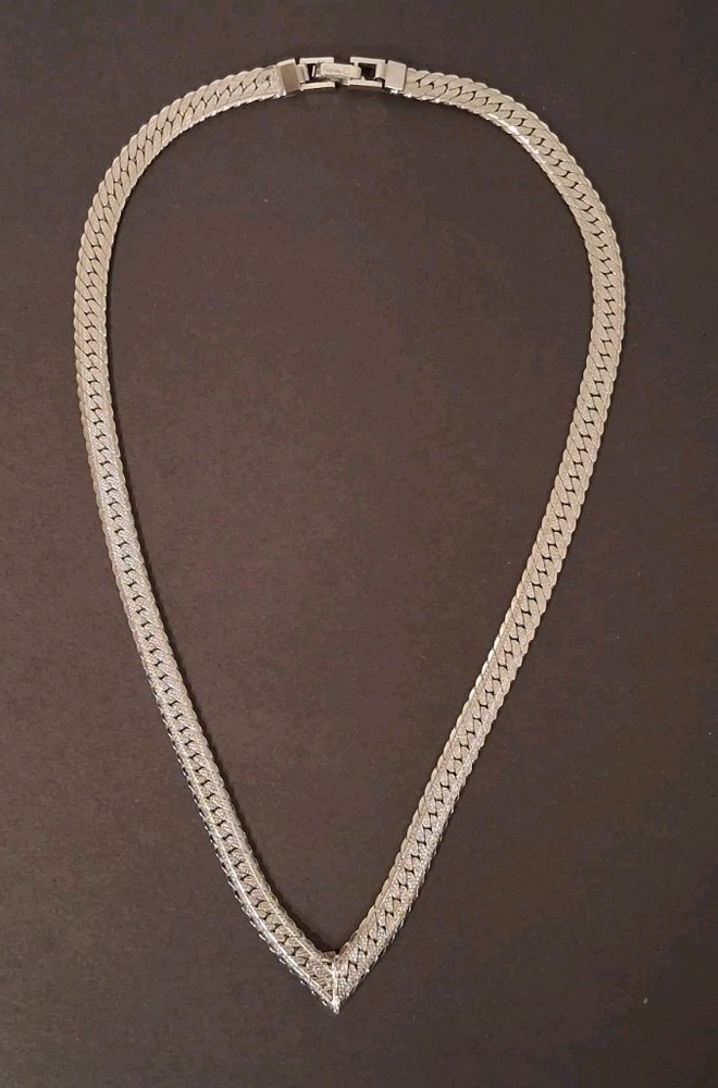 Napier Silver Tone Herringbone V Drop Necklace 18"