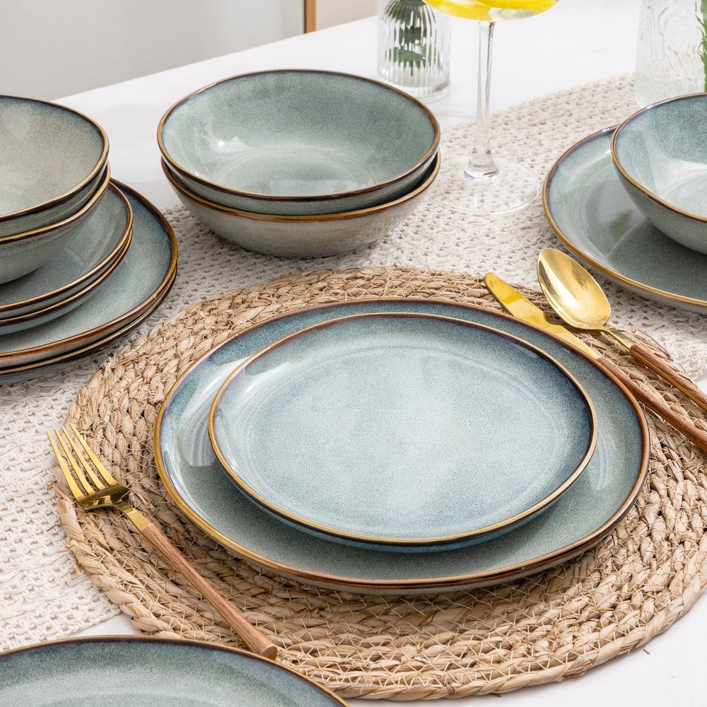 Ceramic Dinnerware Sets,Handmade Reactive Glaze Stoneware Plates and Bowls Se...