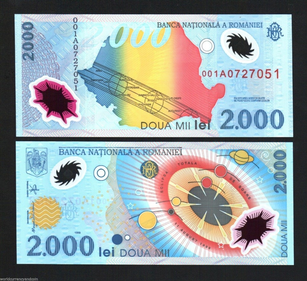 ROMANIA 2000 LEI P-111 1999 x 1 Pcs Solar Eclipse POLYMER *001A* UNC Space NOTE