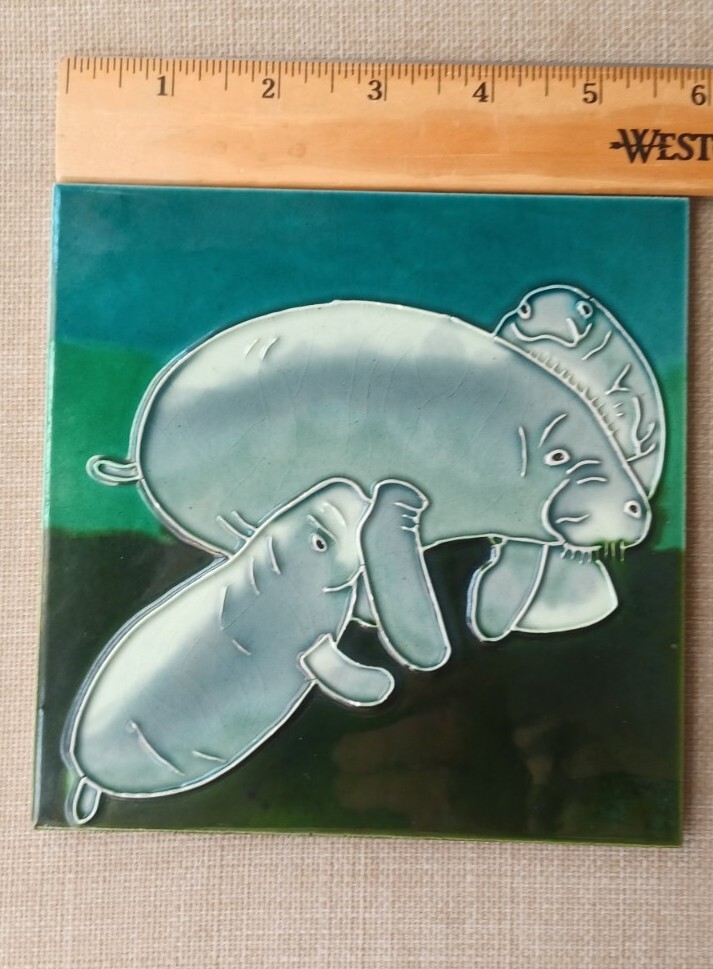 Ceramic Manatee Tile Standing Base Tropical Coastal Beacy Decor