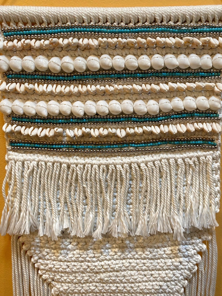 BOHO Handcrafted Wall Hanging Cotton Macrame w/Tassels Shells Blue/Silver Beads