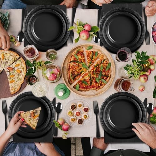 Plastic Plates,Disposable Plates Set,Disposable Plastic Dinnerware Serve Black