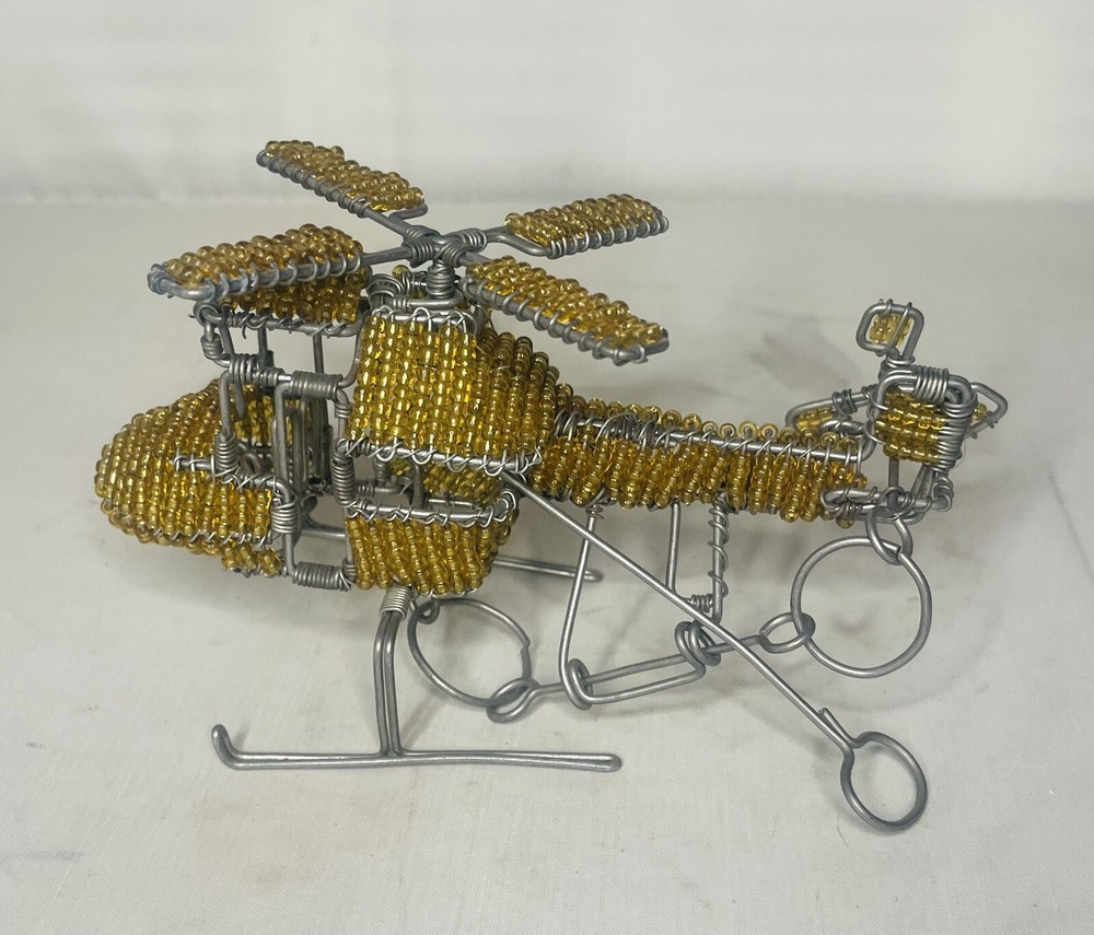 Wire Beeded Sculpture Model Yellow Helicopter . Functional Propellers !