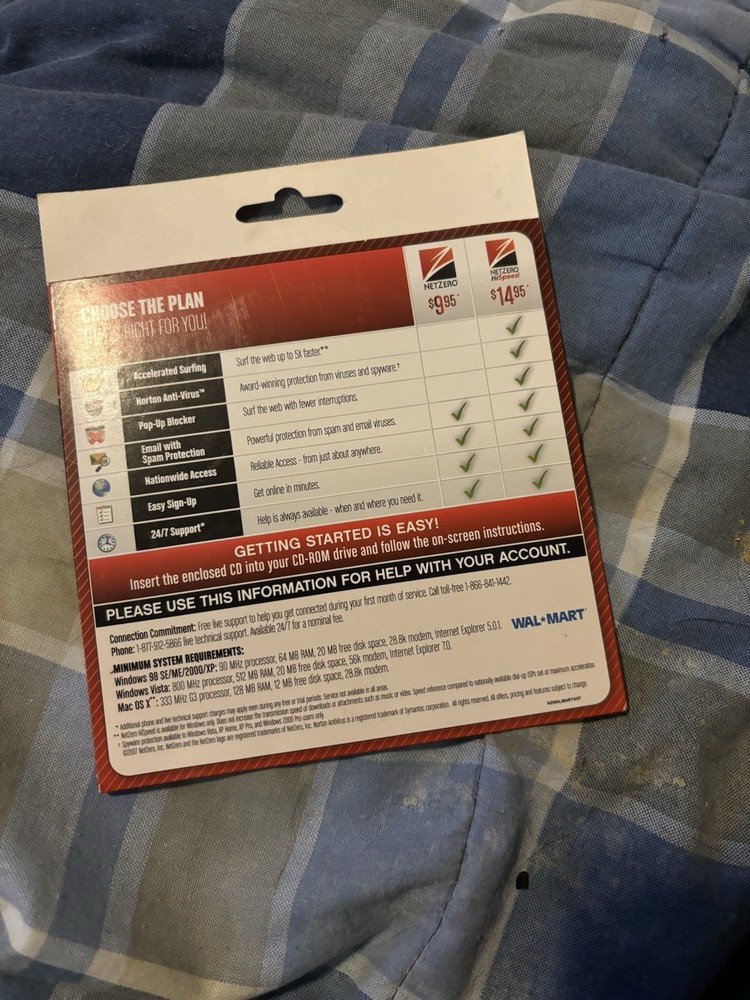 Netzero Internet Access Disc Walmart Original Package Vista Windows 98 Xp Me OsX