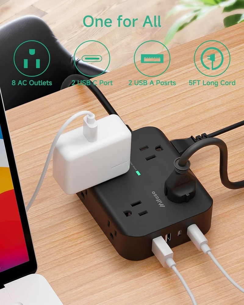 Power Strip Surge Protector 8 Outlets 4 USB Flat Plug 5Ft Cord