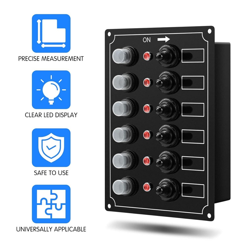 Marine Switch Panel, 6 Gang Boat Electrical Panel with Breaker, IP67 Waterpro...