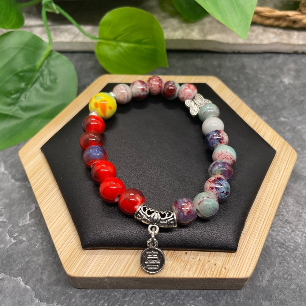 Handmade Ceramic Bead Beaded Stackable 6.5” Plus Stretch Bracelet New B482