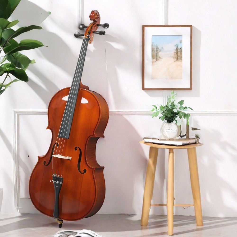 Full Size Natural 4/4 Acoustic Cello Set w/ Spruce Panel & Tiger Pattern Process