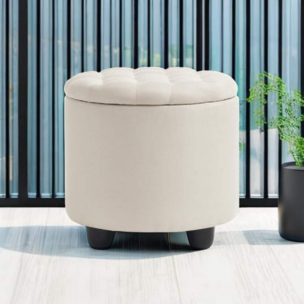 Beige Round Storage Ottoman Featuring Removable Lid