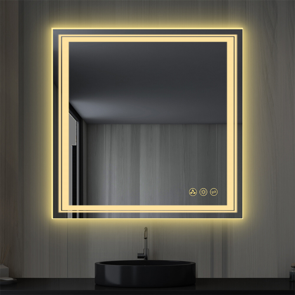 32x32" Square Led Bathroom Mirror Frameless Defogger Memory Touch Wall Mirror L