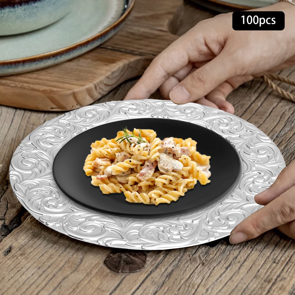 100pcs Charger Wedding Party Dinner Plates Elegant Design Table Decor Silver