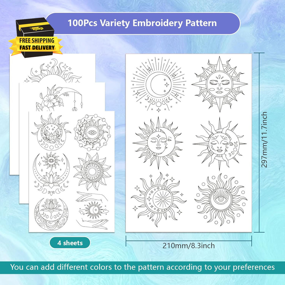 4 Sheets Sun and Moon Pattern Water Soluble Hand Sewing Stabilizers for Fabric E