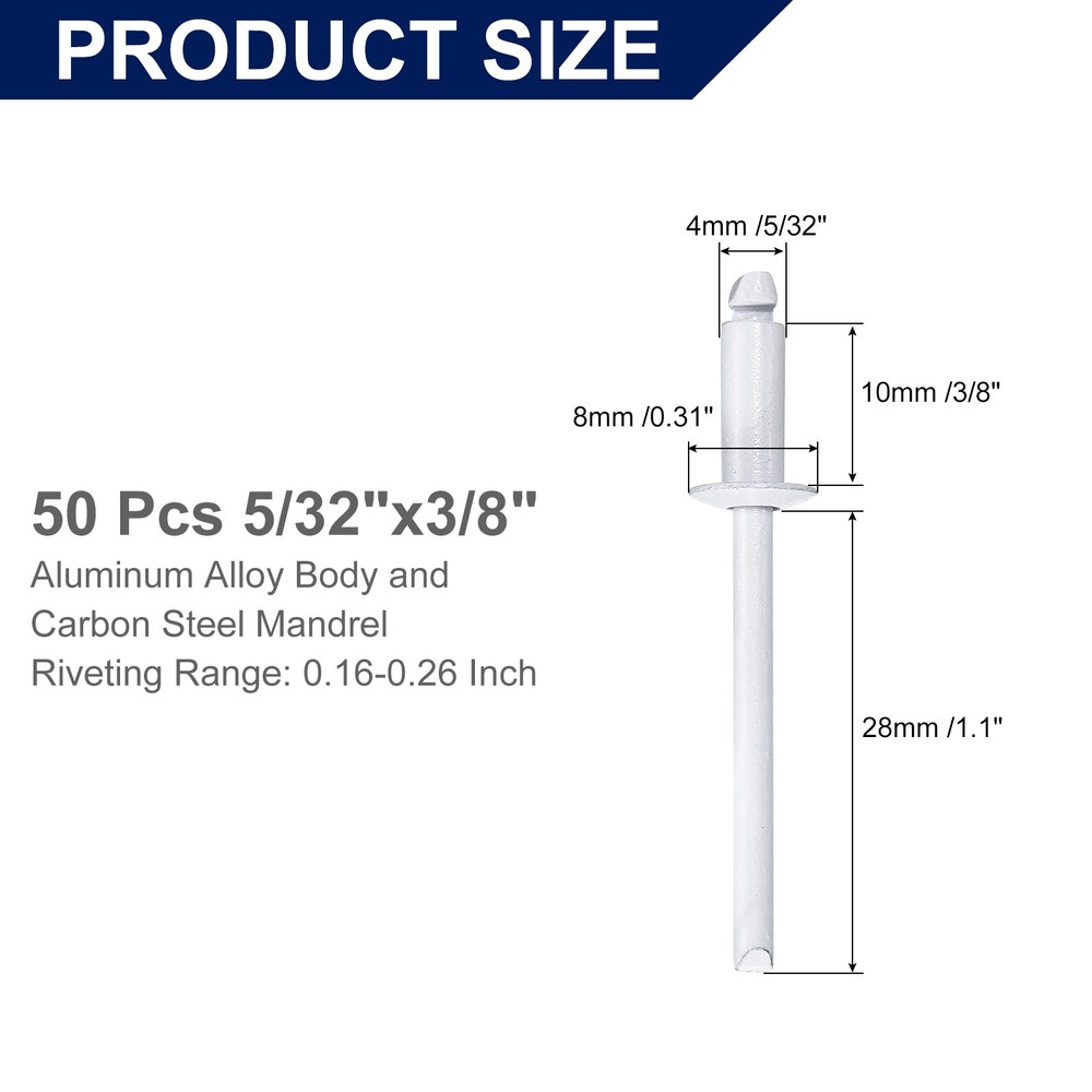 50Pcs 5/32"x3/8" Aluminum Blind Rivets, Dome Head Long Split Rivets, White