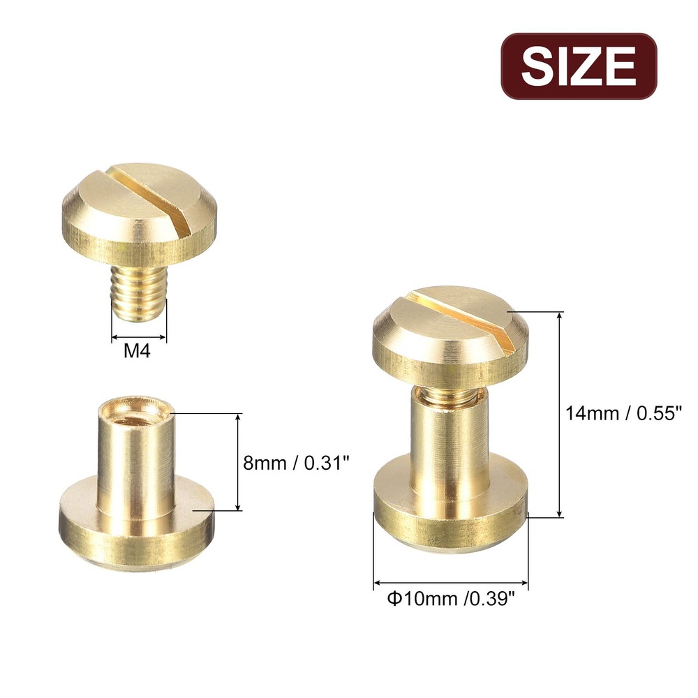 12Pack Brass Chicago Screws, 8x10mm Concave Post Nail Stud Rivets, Gold Tone