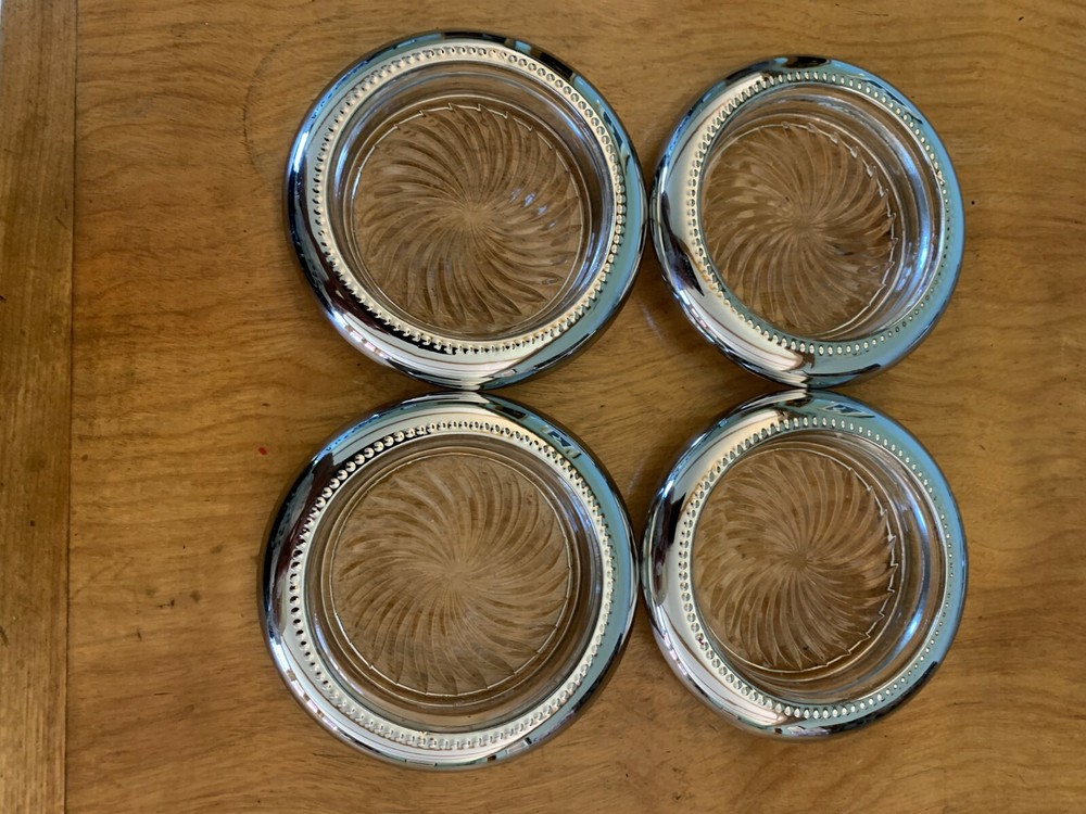 4 Sterling Silver And Glass Coaster Set