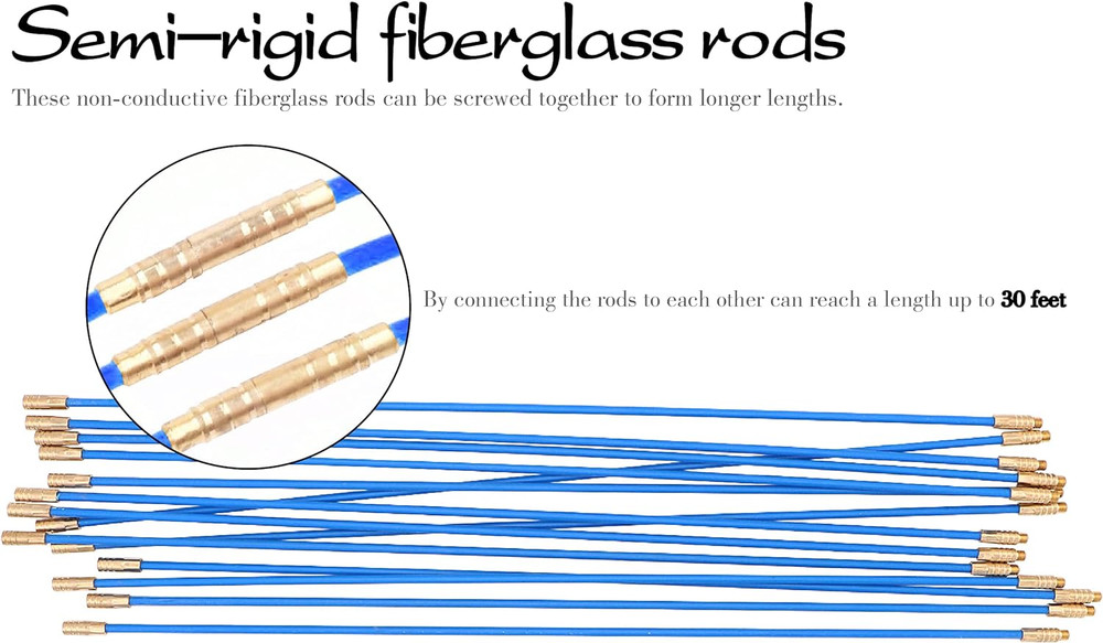 30 Ft Fiberglass Fish Tape Cable Rods Electrical Wire Running Push/Pull Kit with