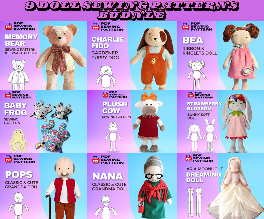 9 PDF Doll & Plush Sewing Patterns Bundle Memory Bear, Bunny, Dog, Cow, Etc