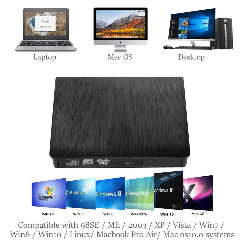 Slim External CD/DVD ROM Drive USB 3.0 Player Reader for Laptop PC Mac HP