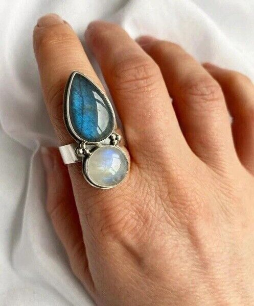 Labradorite Moonstone 925 Sterling Silver Statement Handmade Ring, All Size M272