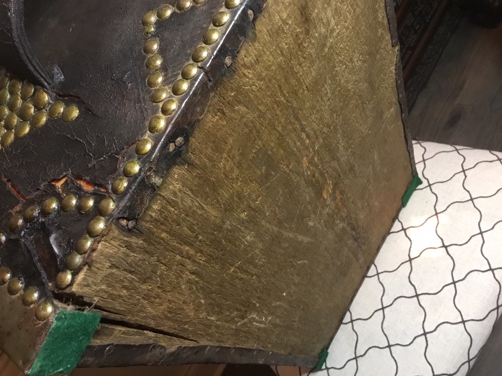AUTHENTIC ANTIQUE PORTUGESE STUDDED LEATHER STORAGE TRUNK