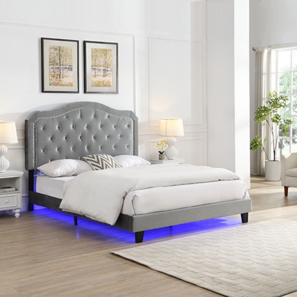 Queen Size Bed Frame Upholstered Platform Bed w/ LED Lights Black/Light Gray