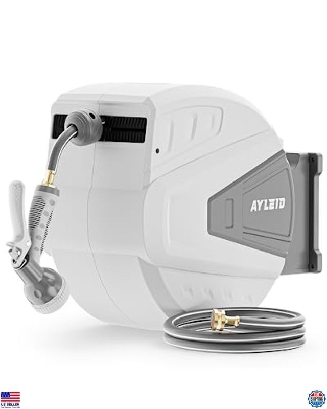 Retractable Garden Hose Reel 100FT with 9-Function Nozzle & Wall Mount Bracket