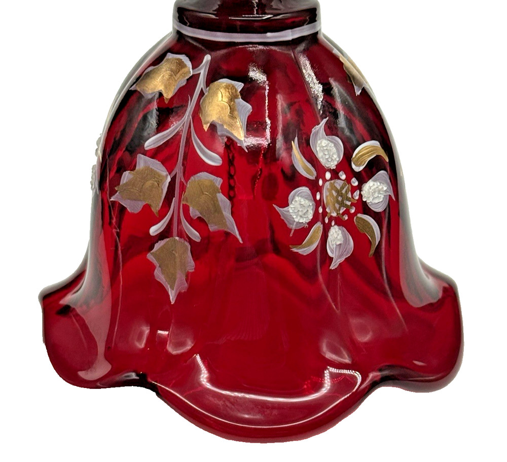 Fenton Ruby Red Hand Bell UV Cadium Glow Gold Silver Floral Signed Numbered #121