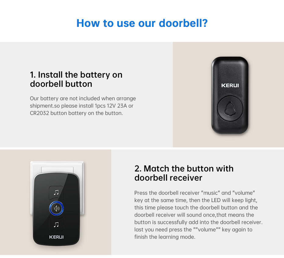 Waterproof Wireless Doorbell Adjustable Volume 2 Plugin Receiver 3 Bell Button