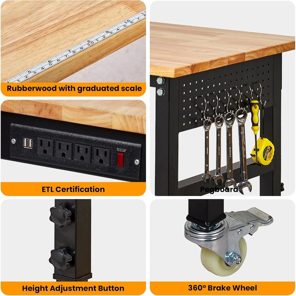 60'' Adjustable Workbench with Power Outlet Heavy Duty Work Table for Workshop