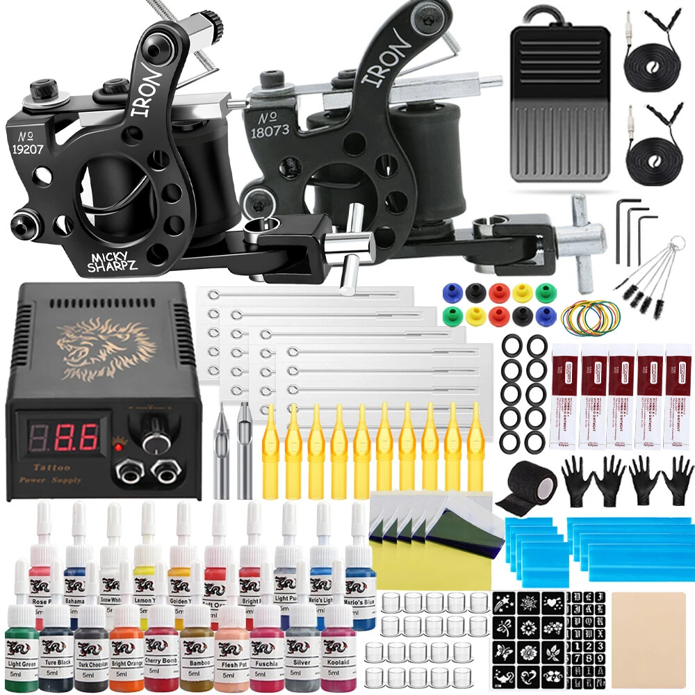 Coil Tattoo Kit 10 Wraps Coils Machine Gun Set Power Supply Needles Inks Makeup