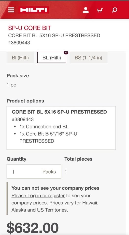 SP-U CORE BIT CORE BIT BL 5X16 SP-U PRESTRESSED