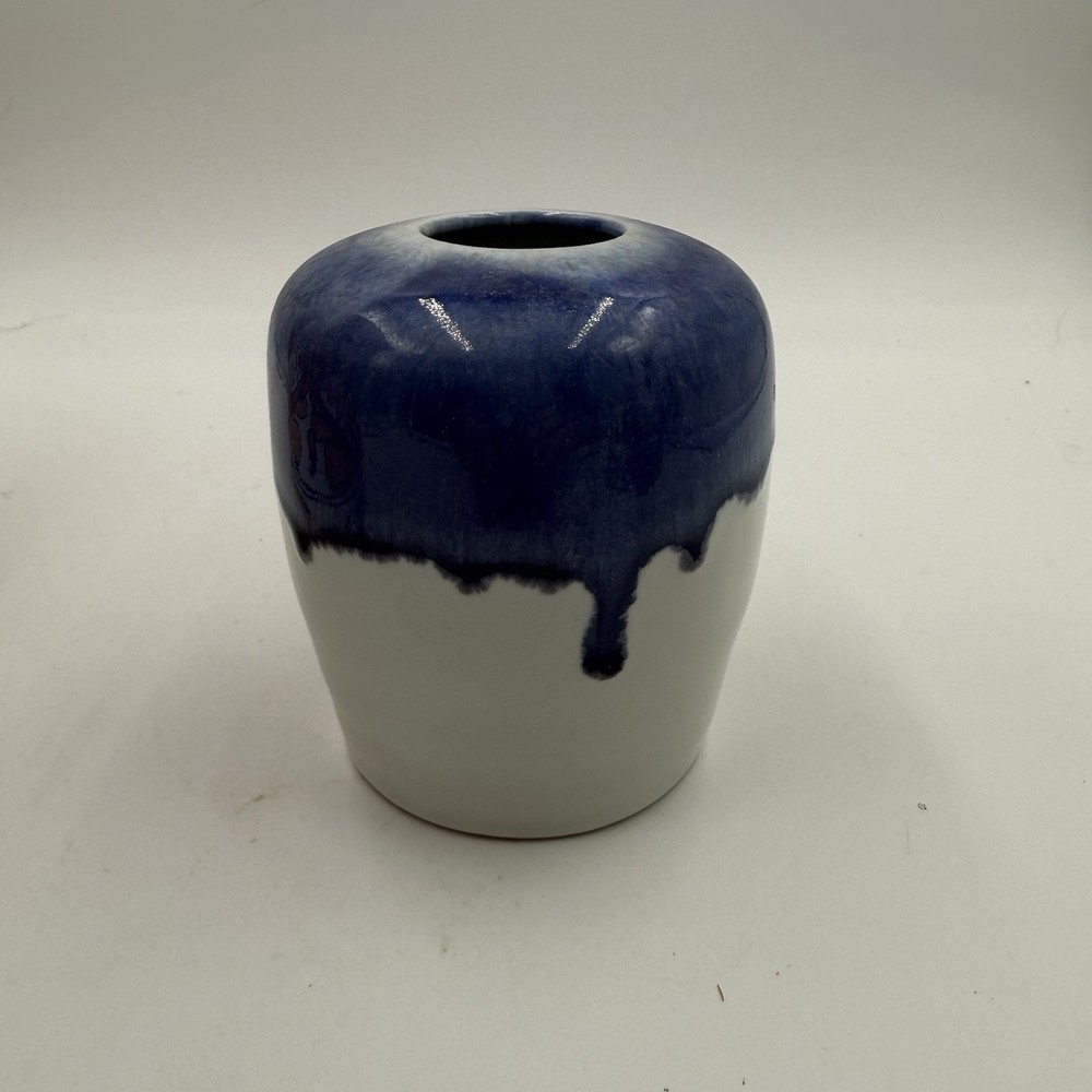Blue & White Studio Art Pottery Vase, 4.25” Tall