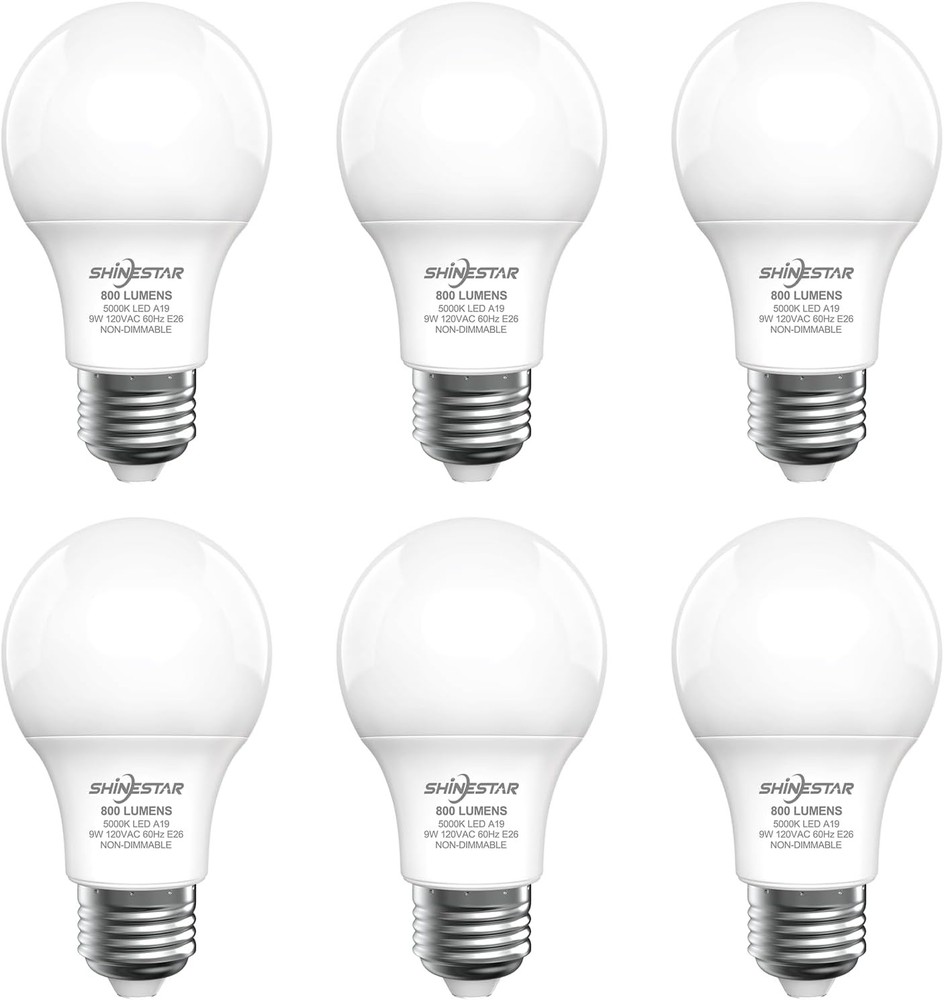 6 PACK A19 LED Light Bulb 9W 800 Lumen 60W Equivalent 5000K Daylight White