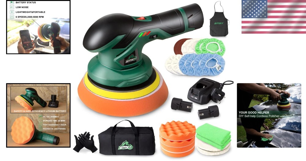 Battery Powered Car Buffer Polisher - Includes 2 Batteries & Fast Charger, Green