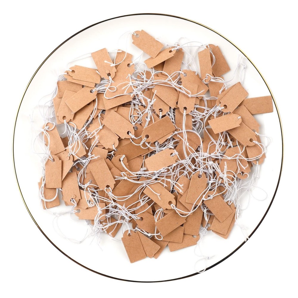 200 Pcs Price Tags, Small Tags with Elastic String, 1.02×0.47inch, Brown