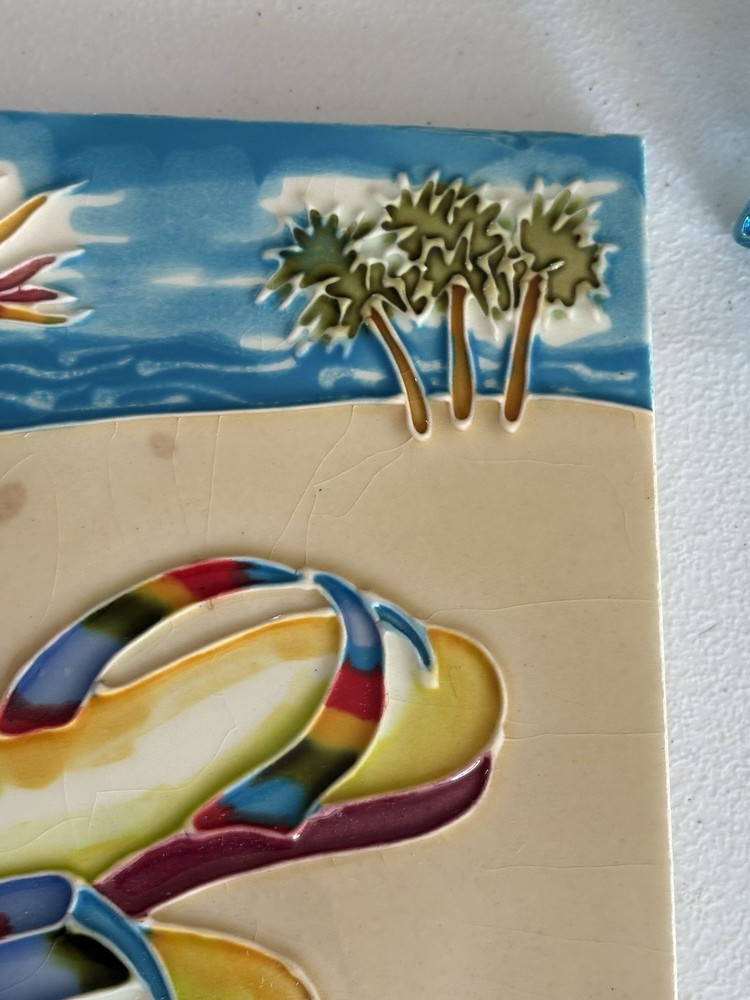 Signed BEACH LIFE “FLIP FLOPS”, 8” x 8” Ceramic Wall Art Tile MH *read*