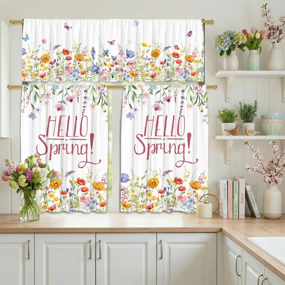 FUTBU Spring Florals Kitchen Curtains for Windows, Hello Spring Blooming Flow...