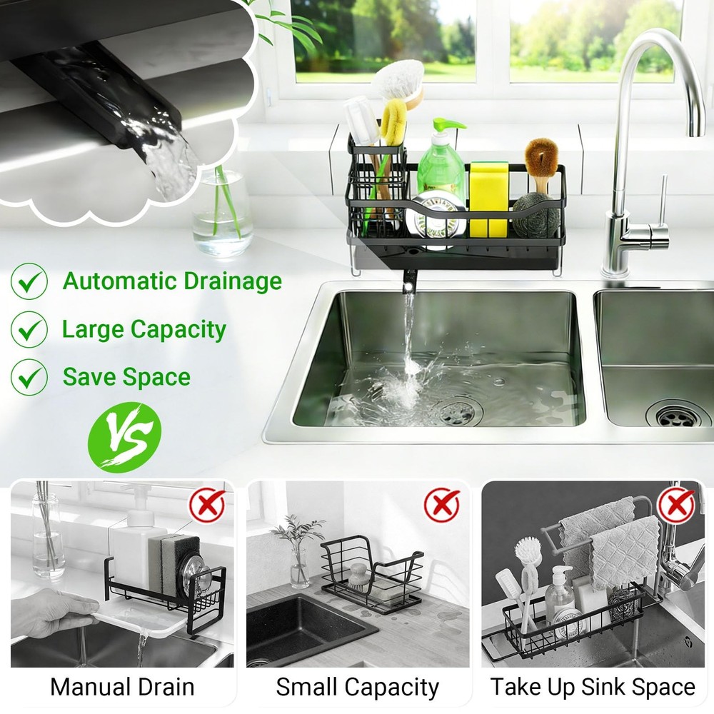 Sponge Holder for Kitchen Sink, Self-Draining Sink Caddy Organizer with Remov...